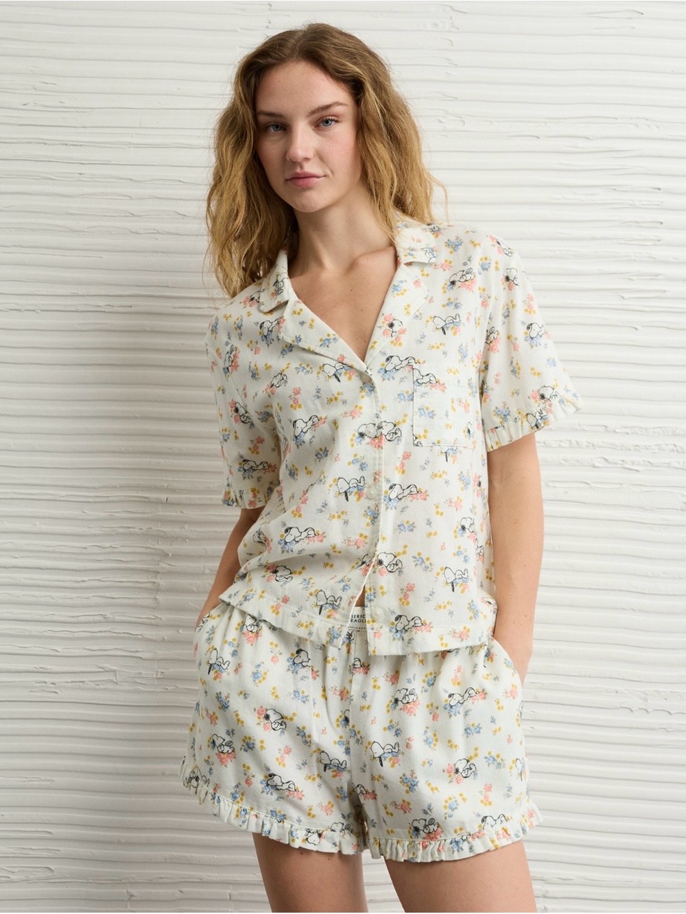 American Eagle Snoopy Ruffled Flannel PJ Set NWOT